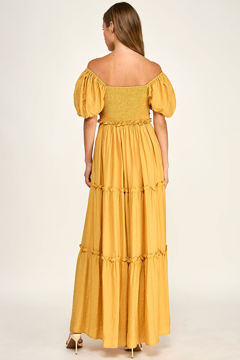 D5737S Puff Sleeve Tie-Front Cut-Out Tiered Maxi Dress