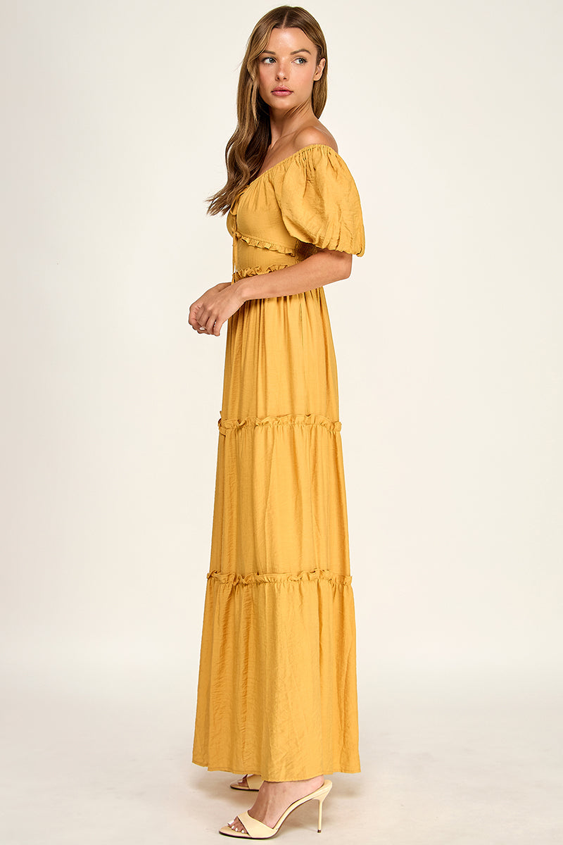 D5737S Puff Sleeve Tie-Front Cut-Out Tiered Maxi Dress
