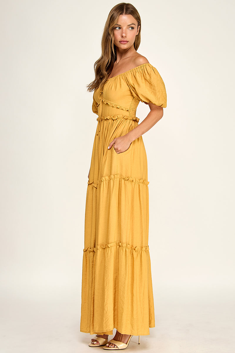 D5737S Puff Sleeve Tie-Front Cut-Out Tiered Maxi Dress