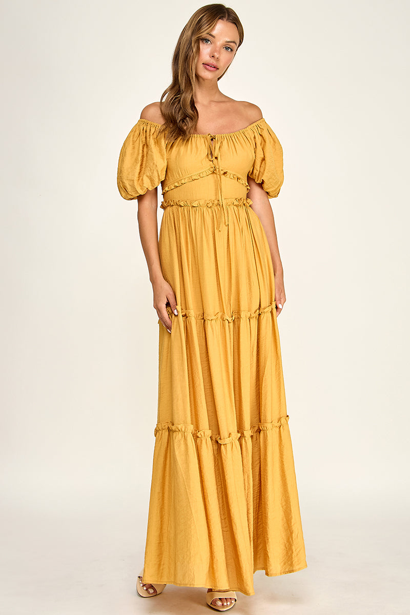 D5737S Puff Sleeve Tie-Front Cut-Out Tiered Maxi Dress