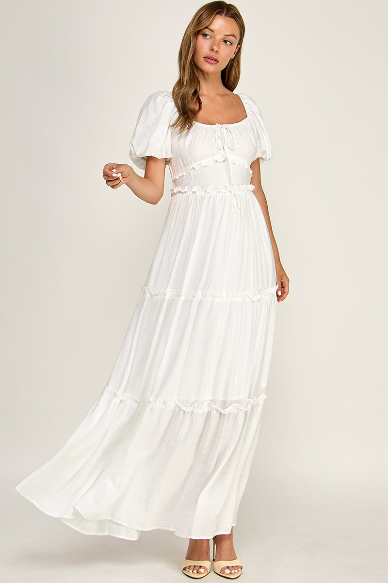 D5737S Puff Sleeve Tie-Front Cut-Out Tiered Maxi Dress