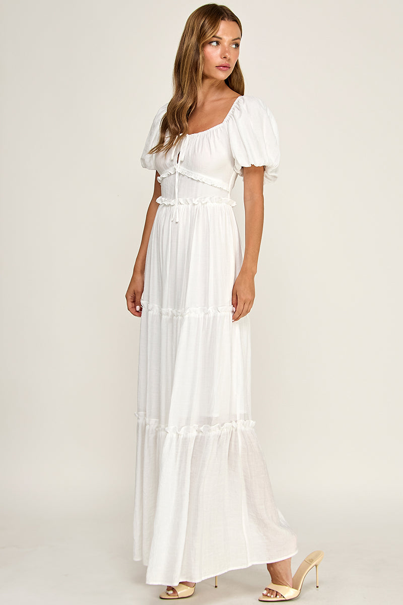 D5737S Puff Sleeve Tie-Front Cut-Out Tiered Maxi Dress