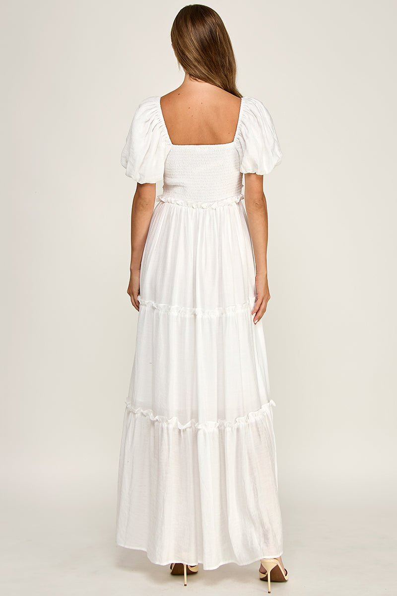 D5737S Puff Sleeve Tie-Front Cut-Out Tiered Maxi Dress