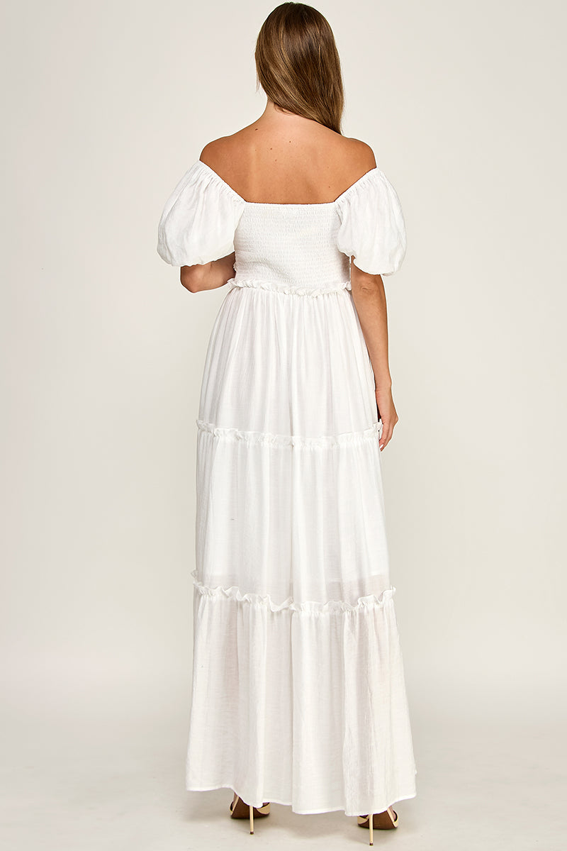 D5737S Puff Sleeve Tie-Front Cut-Out Tiered Maxi Dress