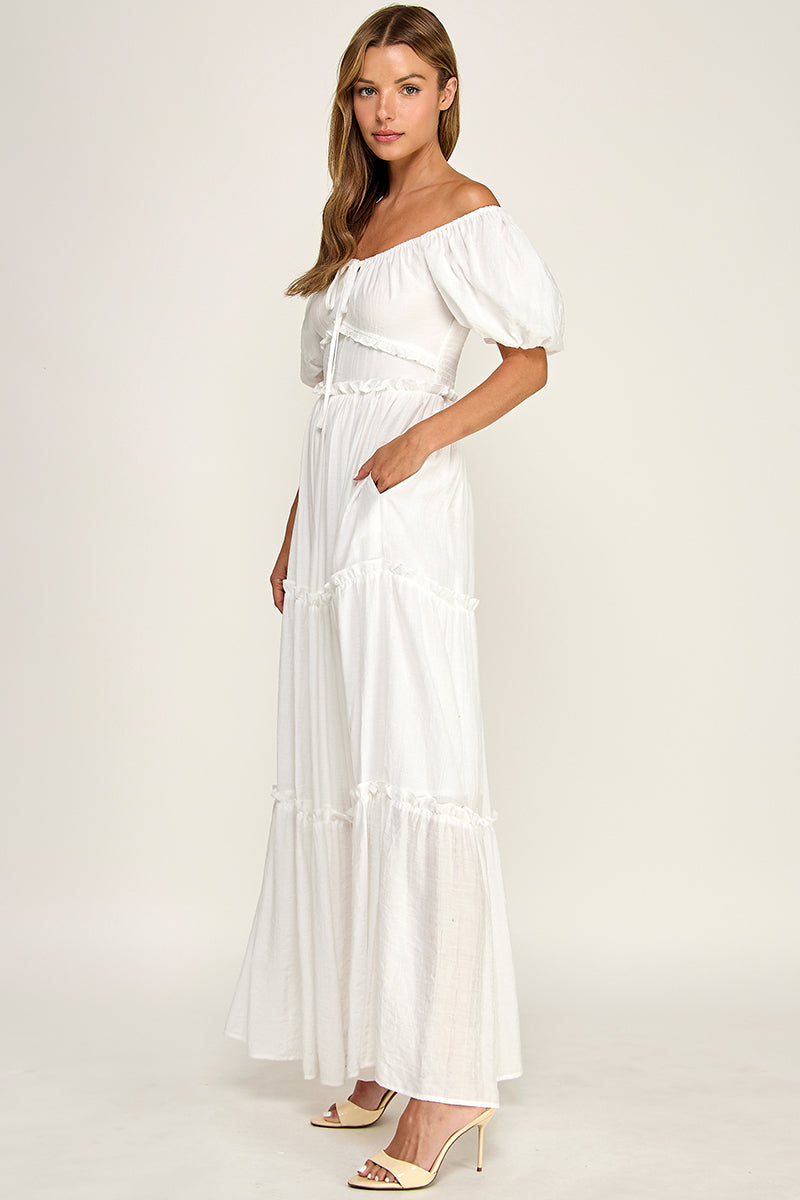 D5737S Puff Sleeve Tie-Front Cut-Out Tiered Maxi Dress