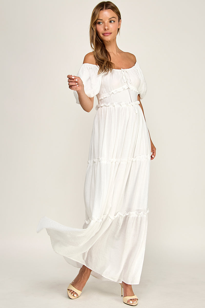 D5737S Puff Sleeve Tie-Front Cut-Out Tiered Maxi Dress
