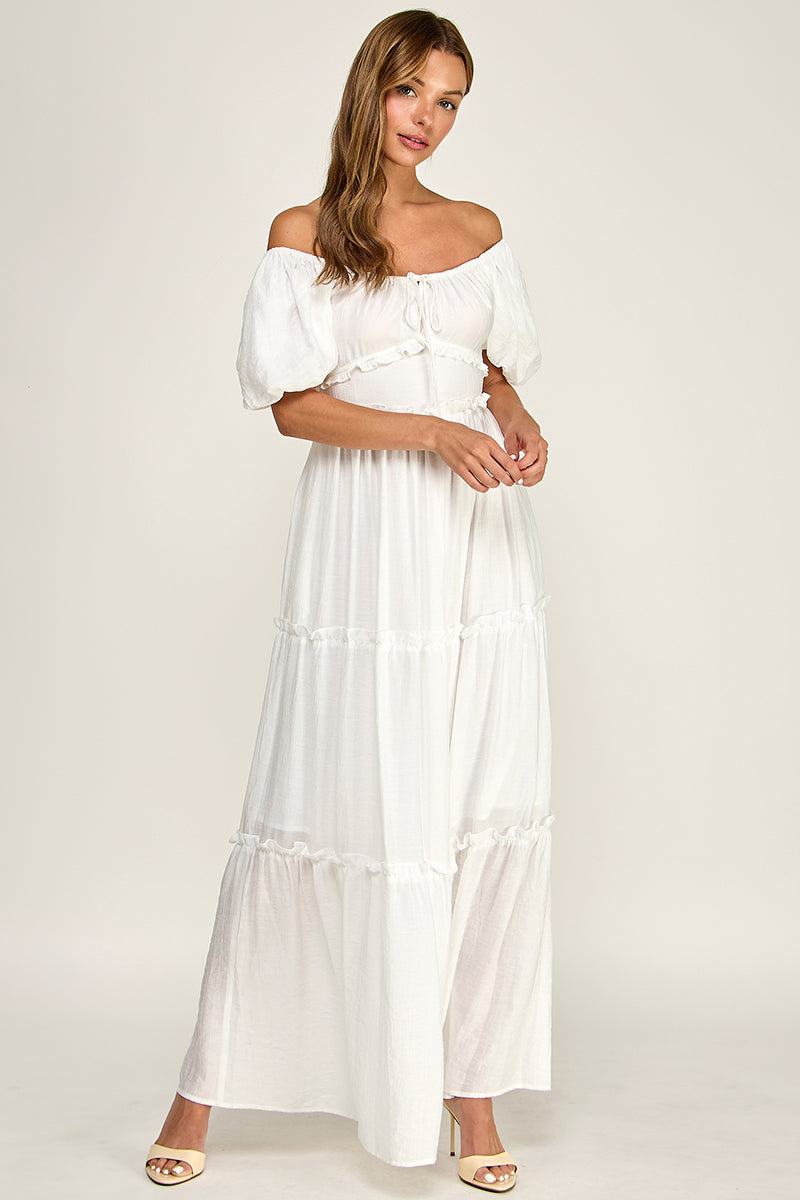 D5737S Puff Sleeve Tie-Front Cut-Out Tiered Maxi Dress