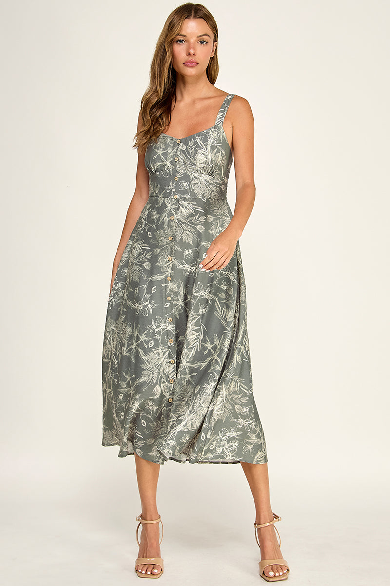D5696-1 Floral Button Down Detail Midi Dress