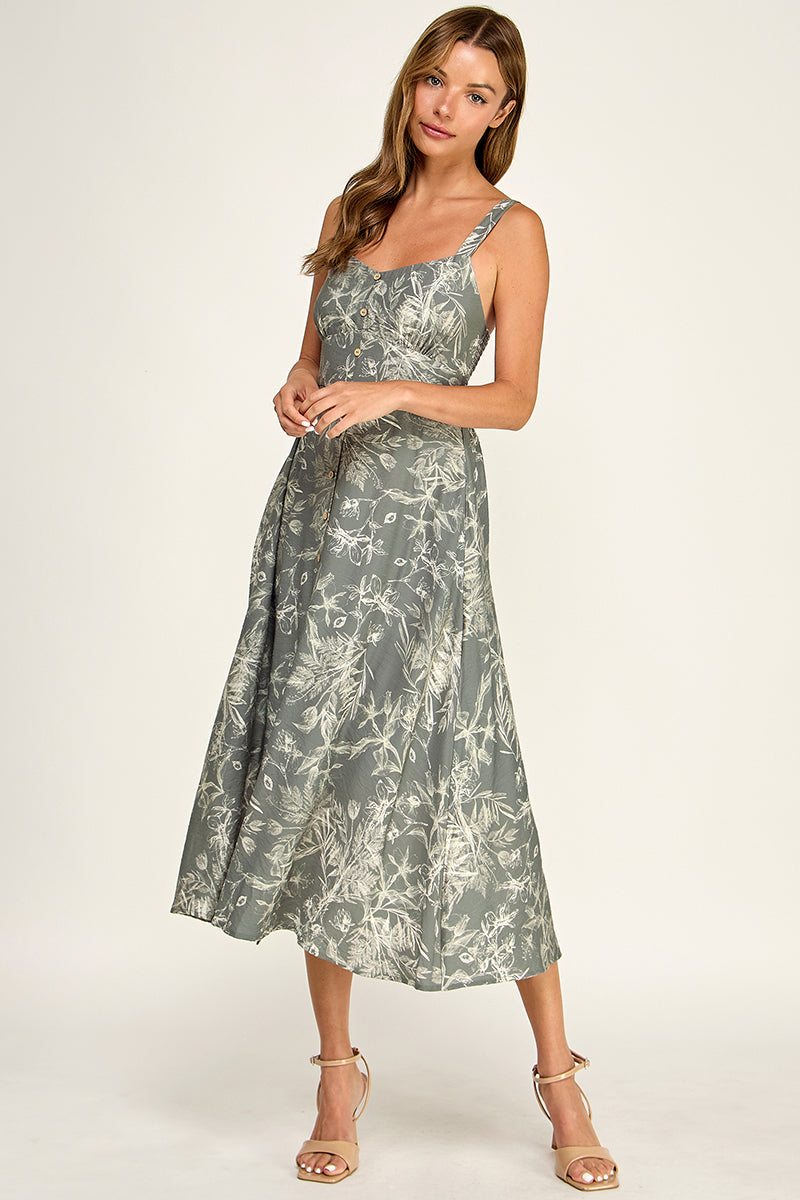 D5696-1 Floral Button Down Detail Midi Dress