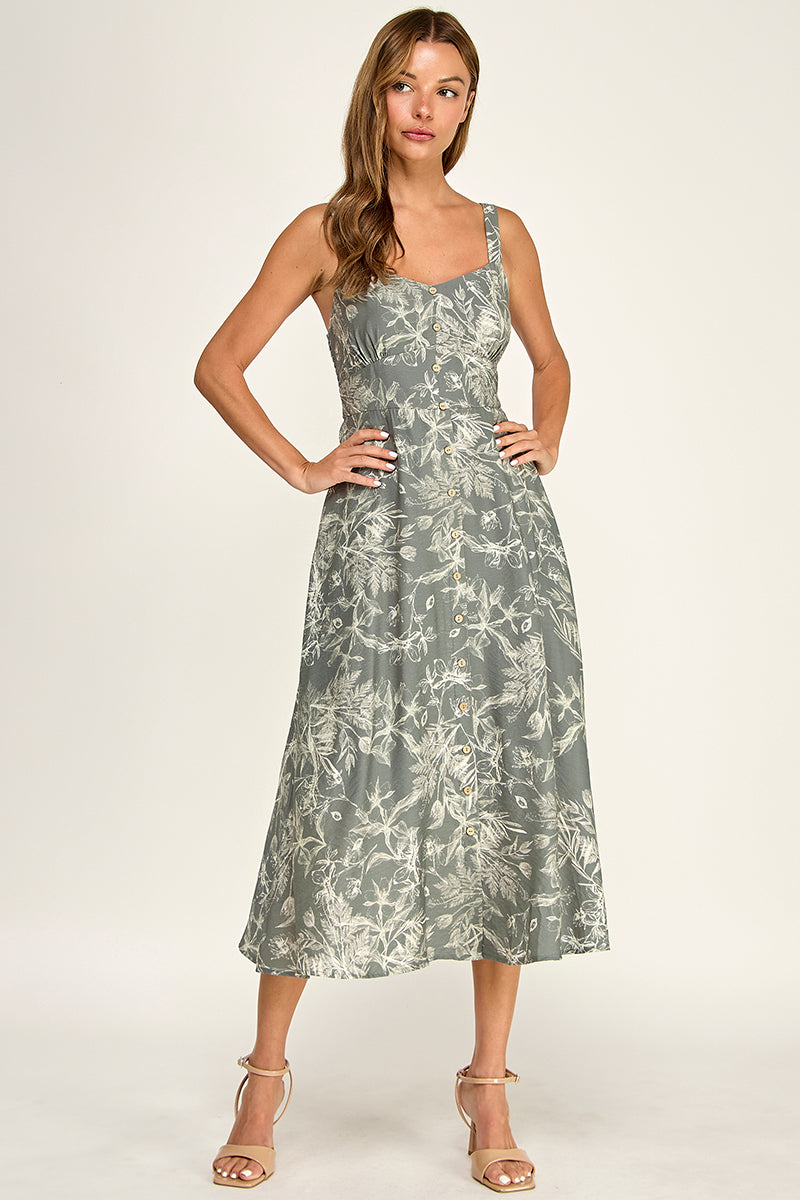 D5696-1 Floral Button Down Detail Midi Dress