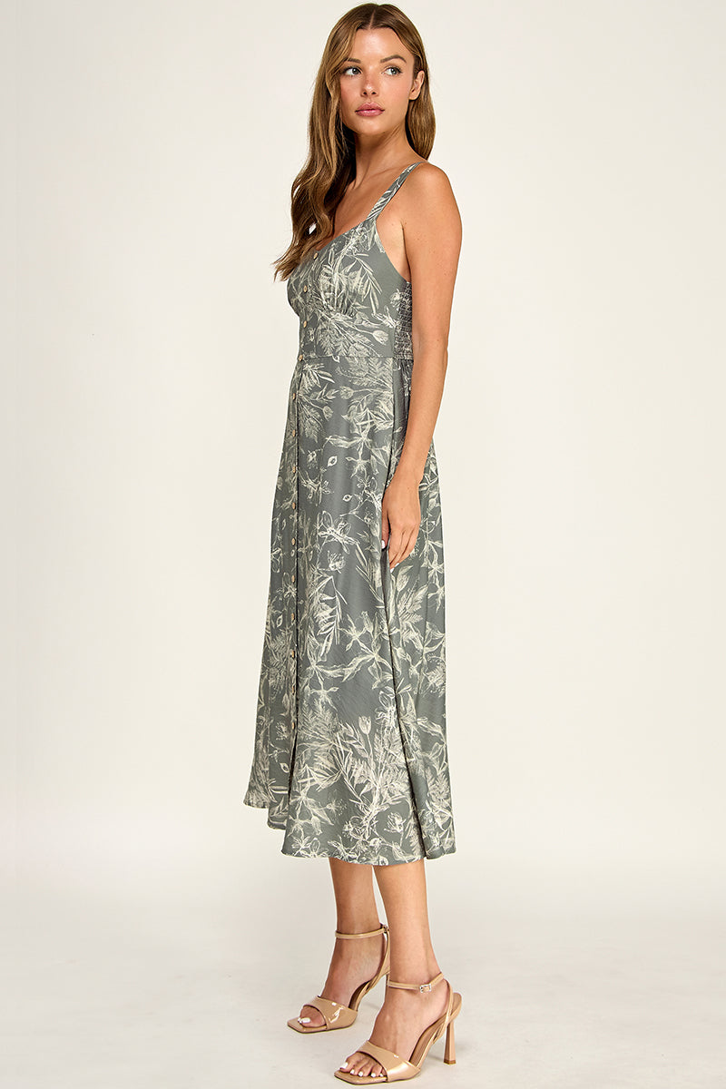 D5696-1 Floral Button Down Detail Midi Dress