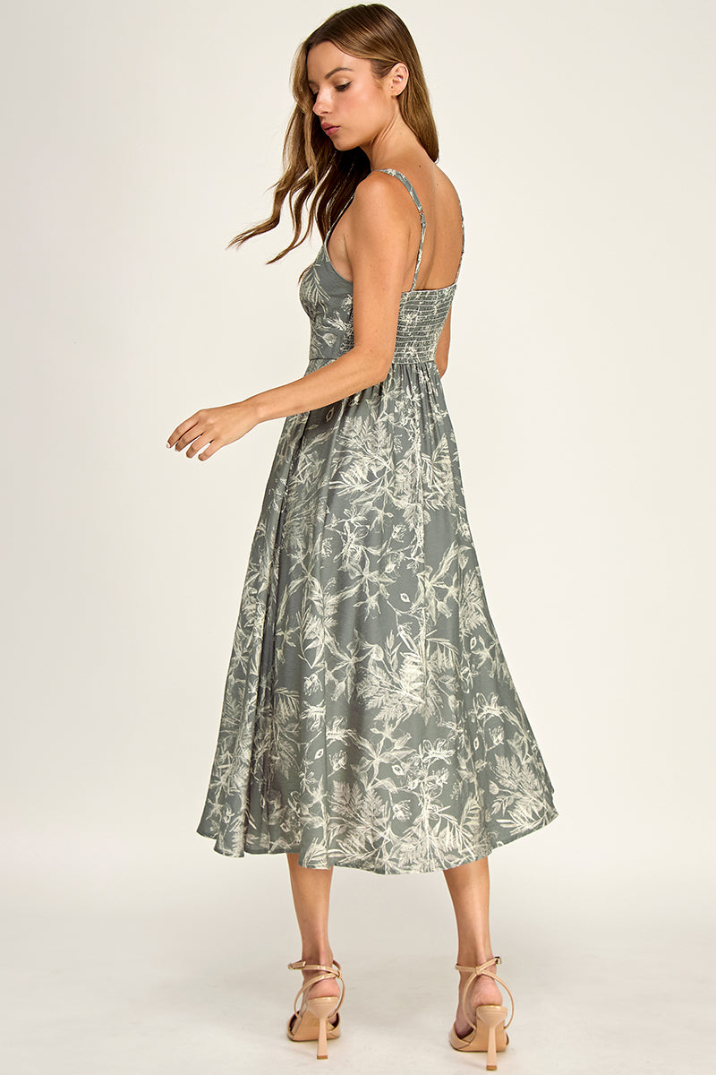 D5696-1 Floral Button Down Detail Midi Dress