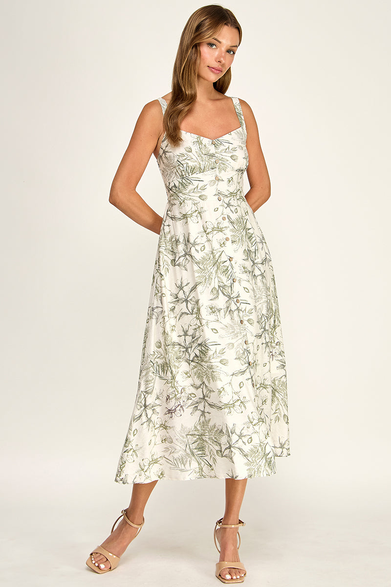 D5696-1 Floral Button Down Detail Midi Dress