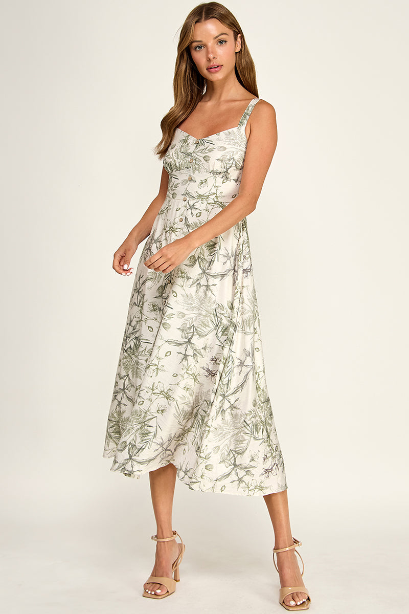 D5696-1 Floral Button Down Detail Midi Dress