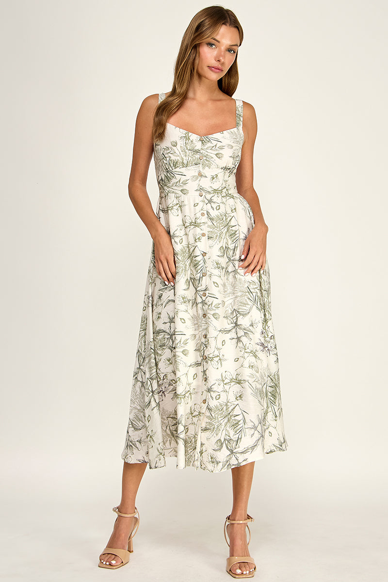 D5696-1 Floral Button Down Detail Midi Dress