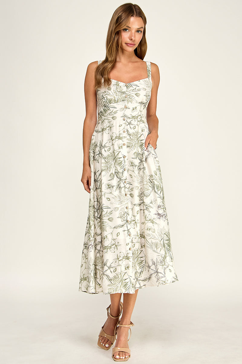 D5696-1 Floral Button Down Detail Midi Dress