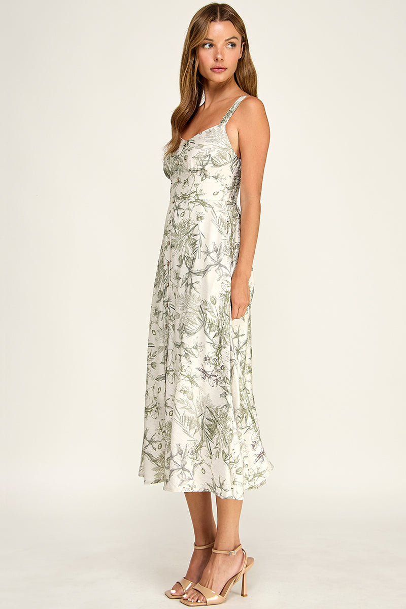 D5696-1 Floral Button Down Detail Midi Dress