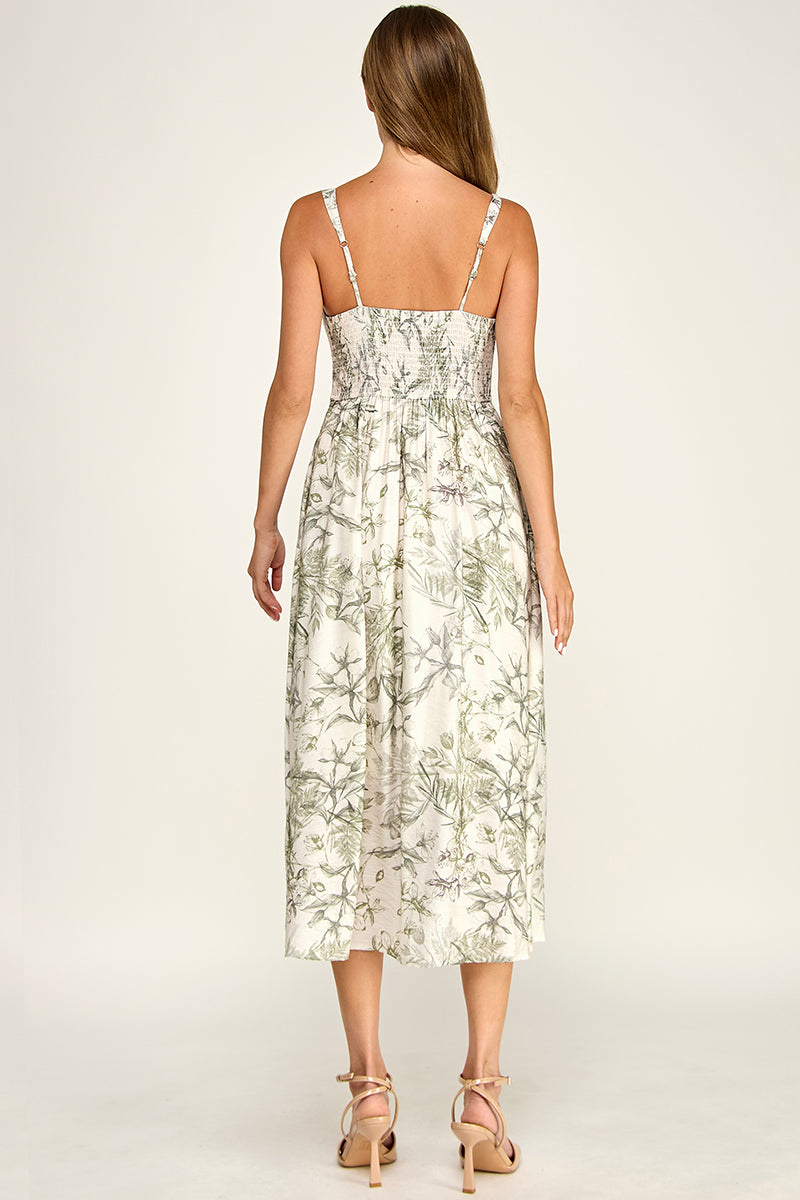 D5696-1 Floral Button Down Detail Midi Dress