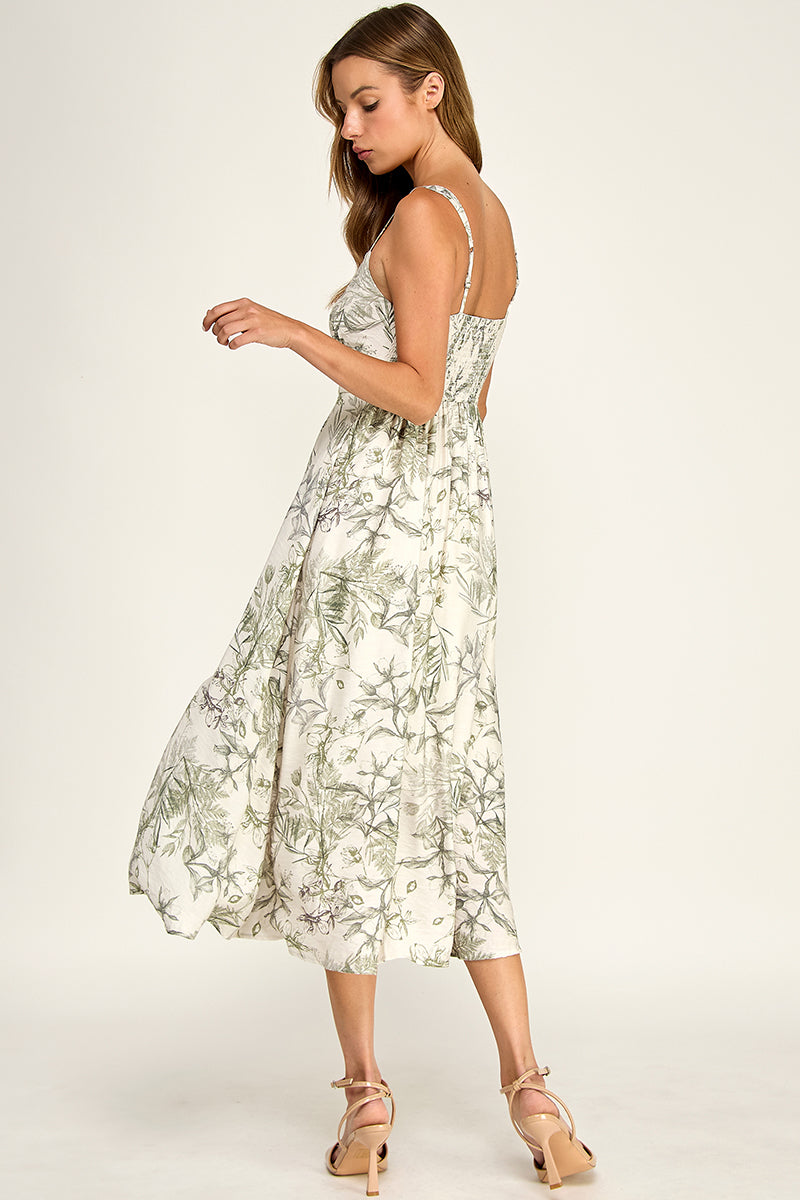 D5696-1 Floral Button Down Detail Midi Dress