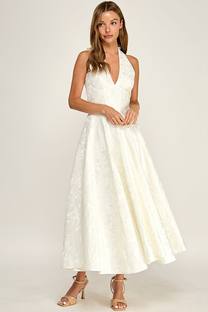 D5472S Floral Jacquard Halter Fit & Flare Midi Dress