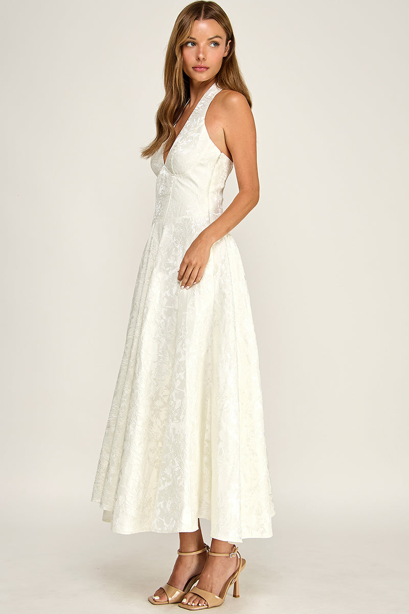 D5472S Floral Jacquard Halter Fit & Flare Midi Dress