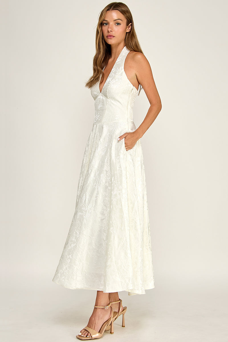 D5472S Floral Jacquard Halter Fit & Flare Midi Dress