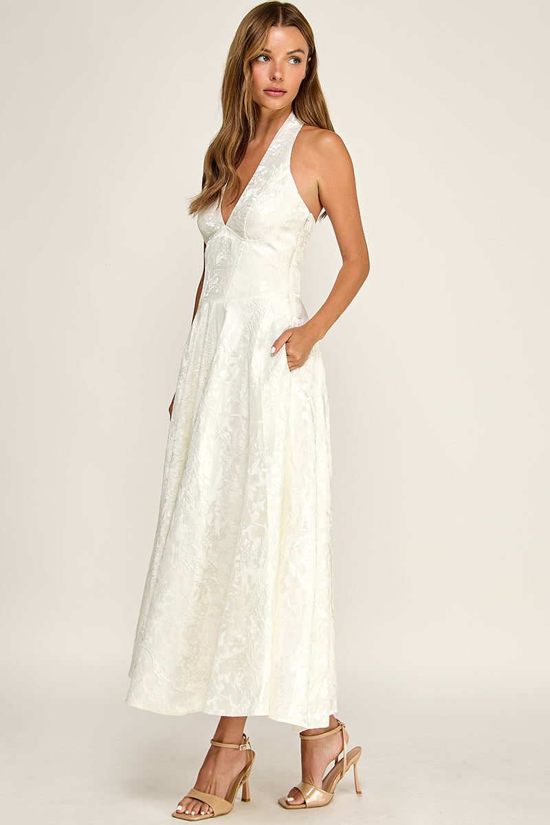 D5472S Floral Jacquard Halter Fit & Flare Midi Dress