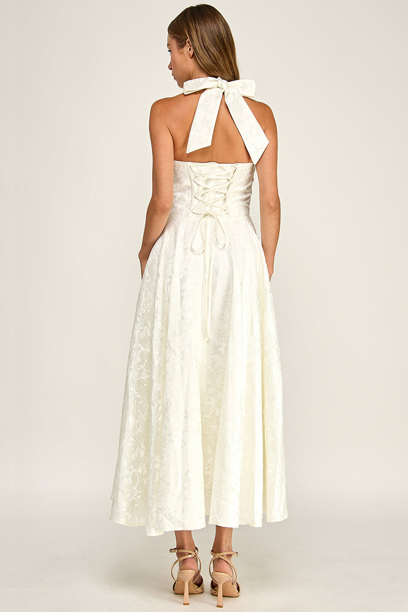 D5472S Floral Jacquard Halter Fit & Flare Midi Dress