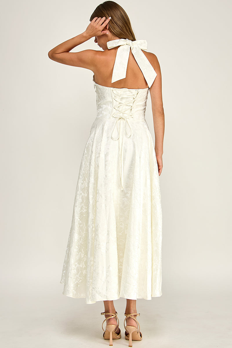D5472S Floral Jacquard Halter Fit & Flare Midi Dress