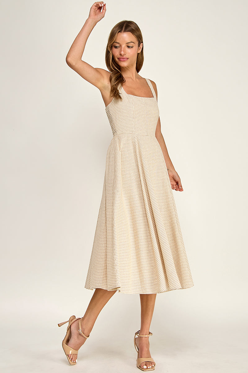 D5609-1 Gingham Square Neck Midi Dress