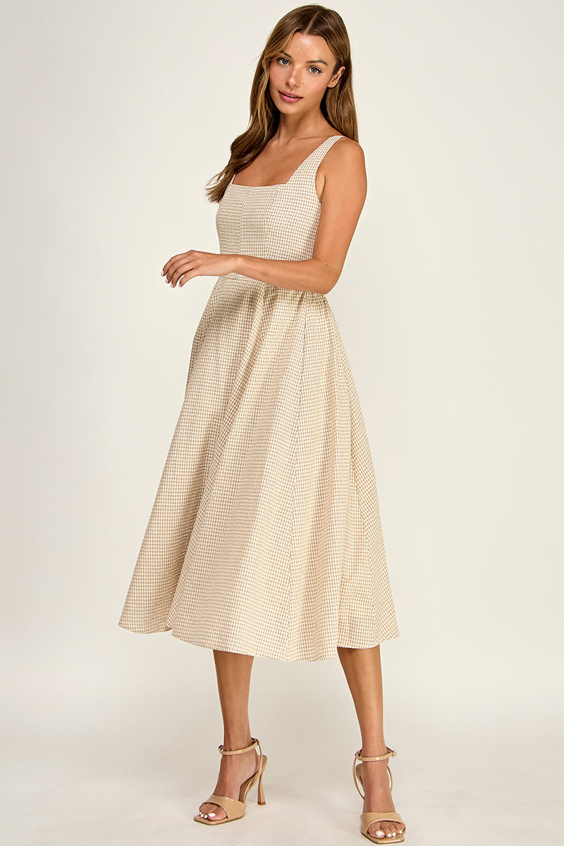 D5609-1 Gingham Square Neck Midi Dress