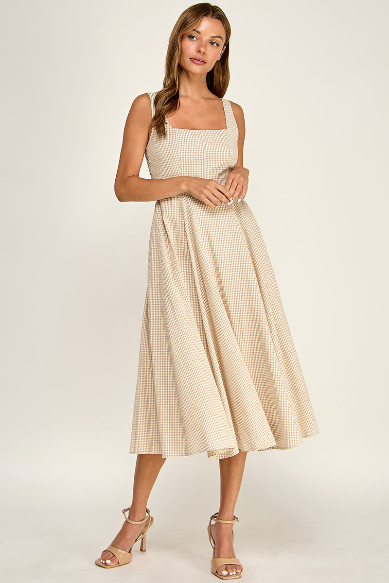 D5609-1 Gingham Square Neck Midi Dress