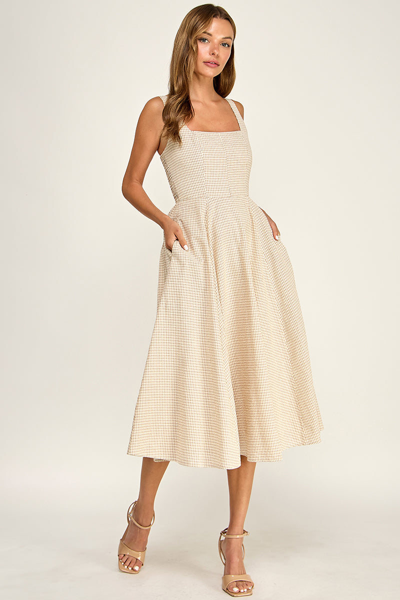 D5609-1 Gingham Square Neck Midi Dress
