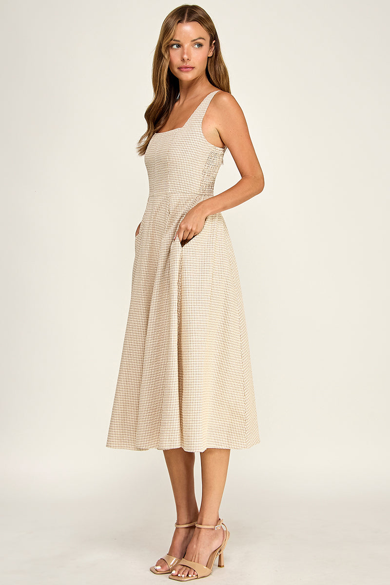 D5609-1 Gingham Square Neck Midi Dress