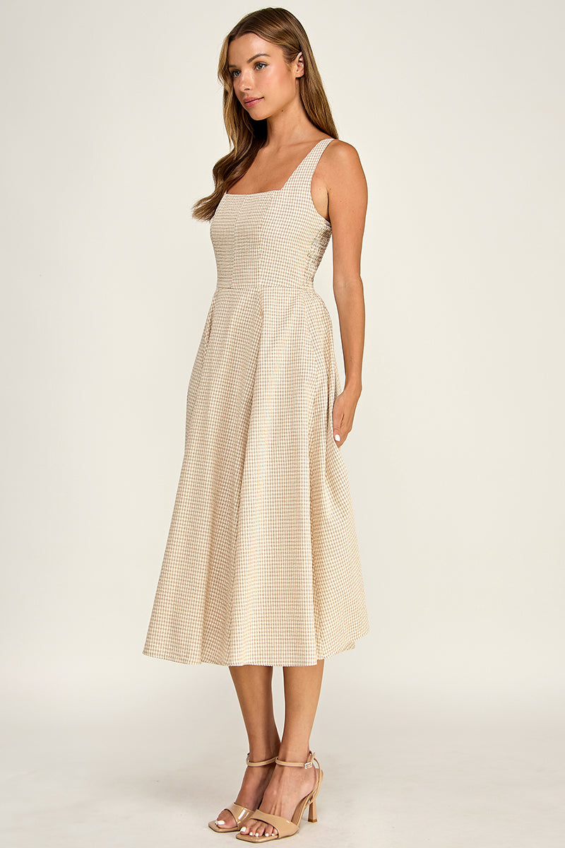 D5609-1 Gingham Square Neck Midi Dress