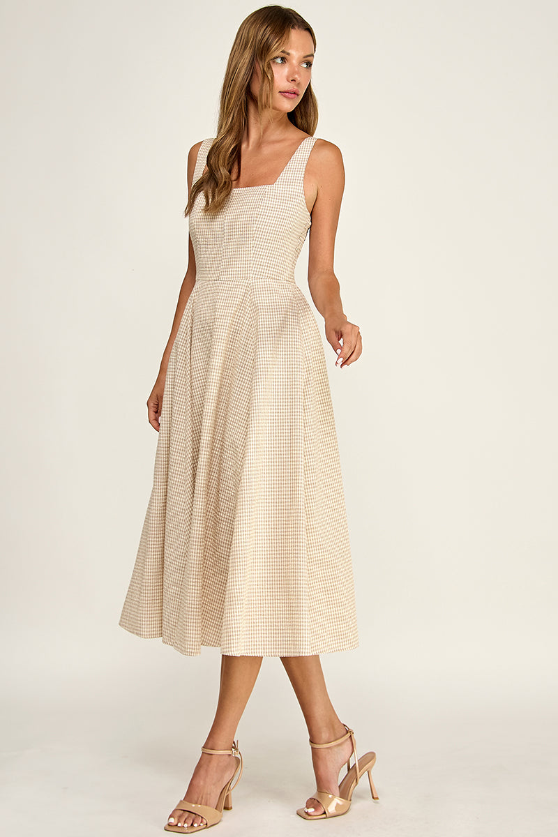 D5609-1 Gingham Square Neck Midi Dress
