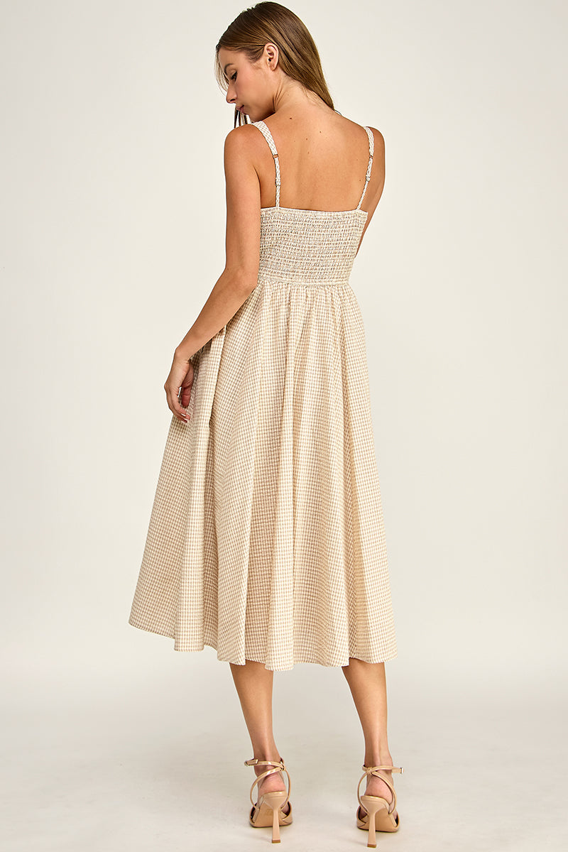 D5609-1 Gingham Square Neck Midi Dress