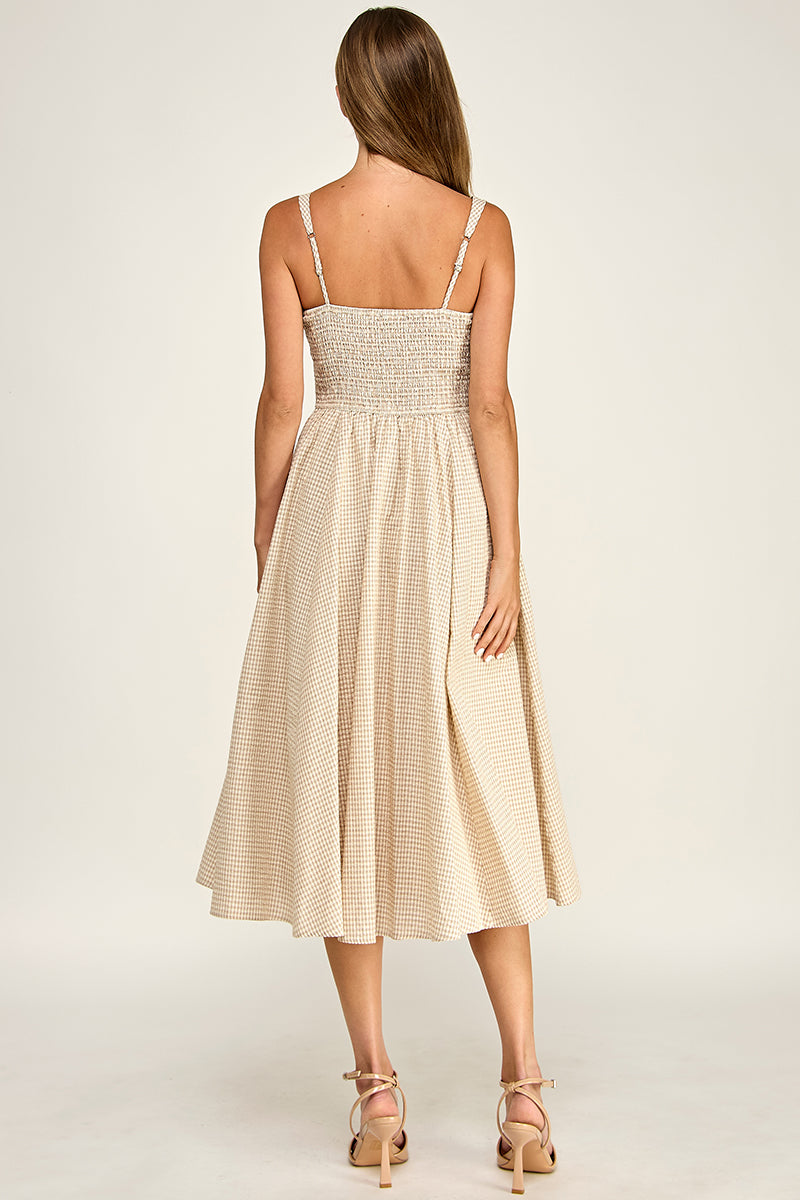 D5609-1 Gingham Square Neck Midi Dress