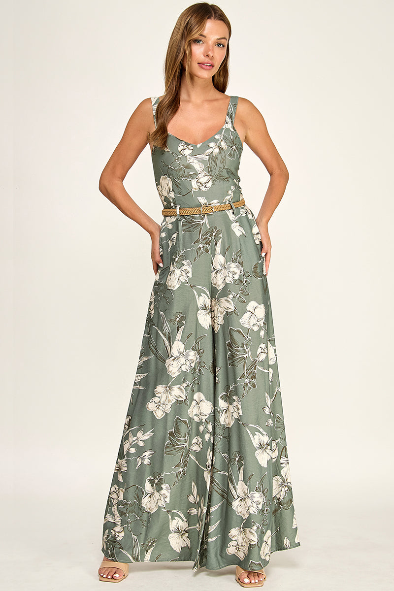 J5765-1 Floral Sleeveless V-Neck Belted Maxi Dress