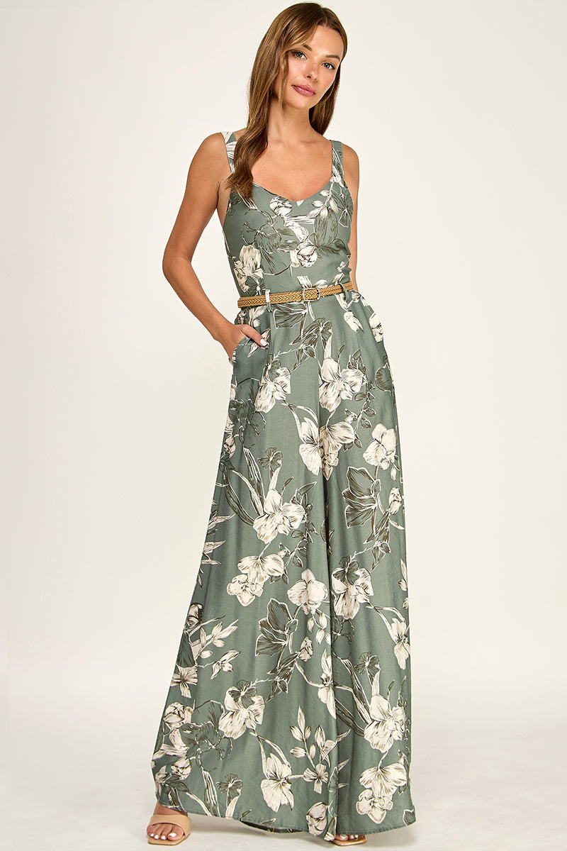 J5765-1 Floral Sleeveless V-Neck Belted Maxi Dress