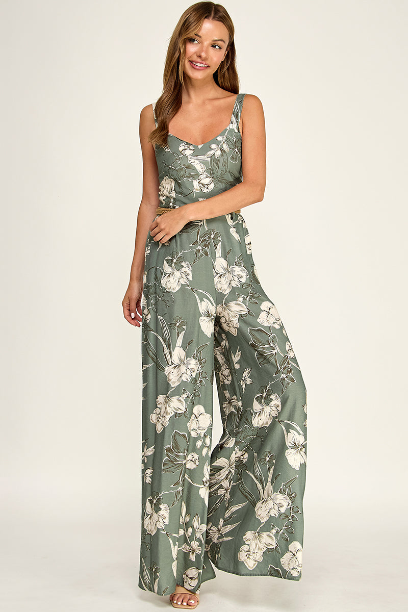 J5765-1 Floral Sleeveless V-Neck Belted Maxi Dress