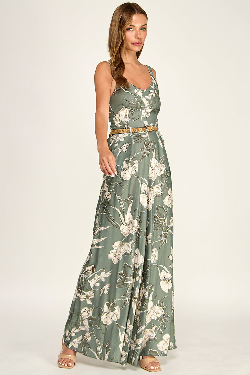J5765-1 Floral Sleeveless V-Neck Belted Maxi Dress