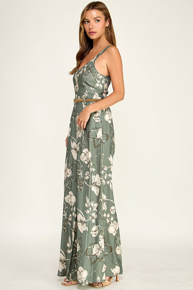 J5765-1 Floral Sleeveless V-Neck Belted Maxi Dress