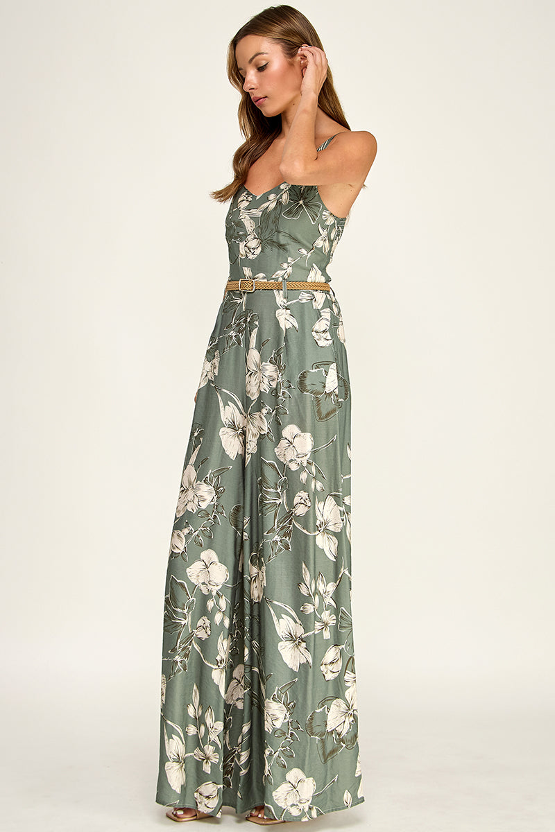 J5765-1 Floral Sleeveless V-Neck Belted Maxi Dress