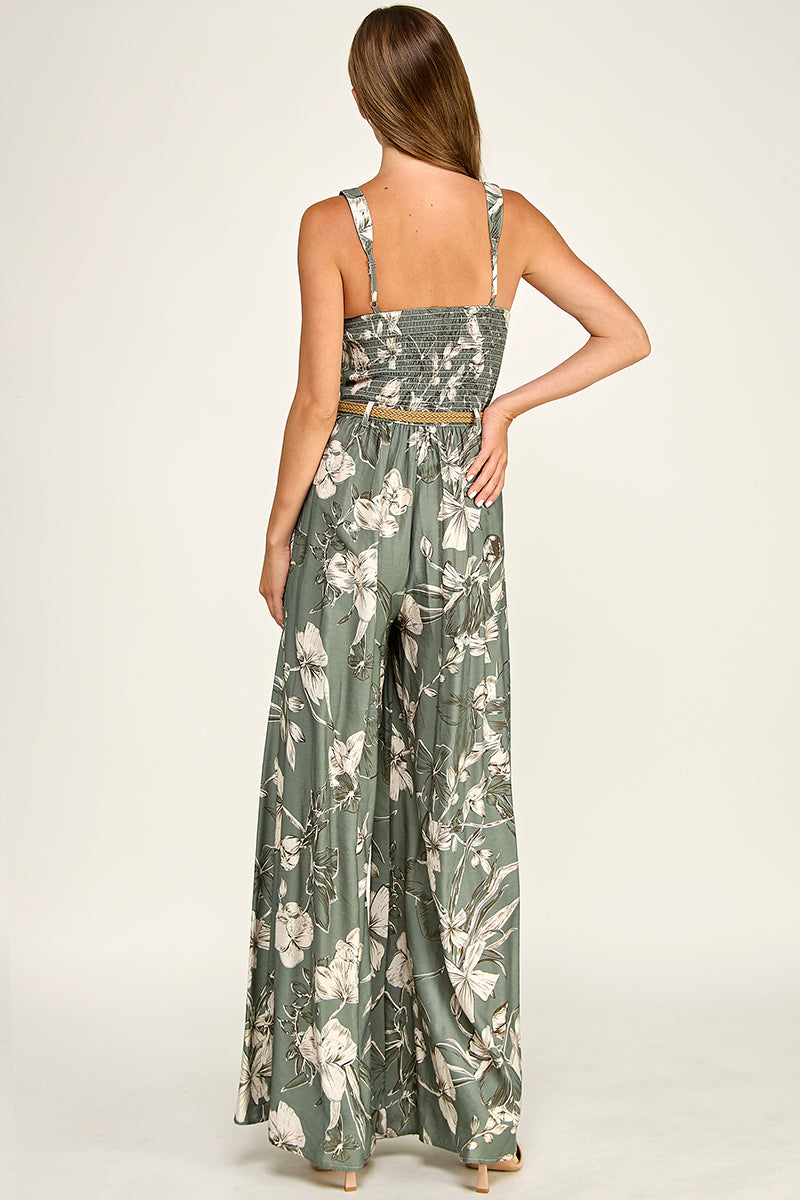 J5765-1 Floral Sleeveless V-Neck Belted Maxi Dress