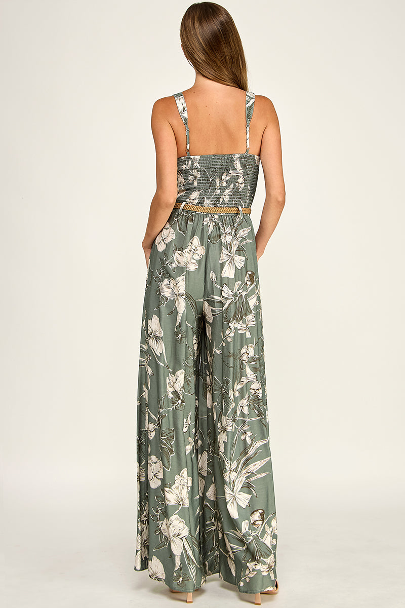 J5765-1 Floral Sleeveless V-Neck Belted Maxi Dress