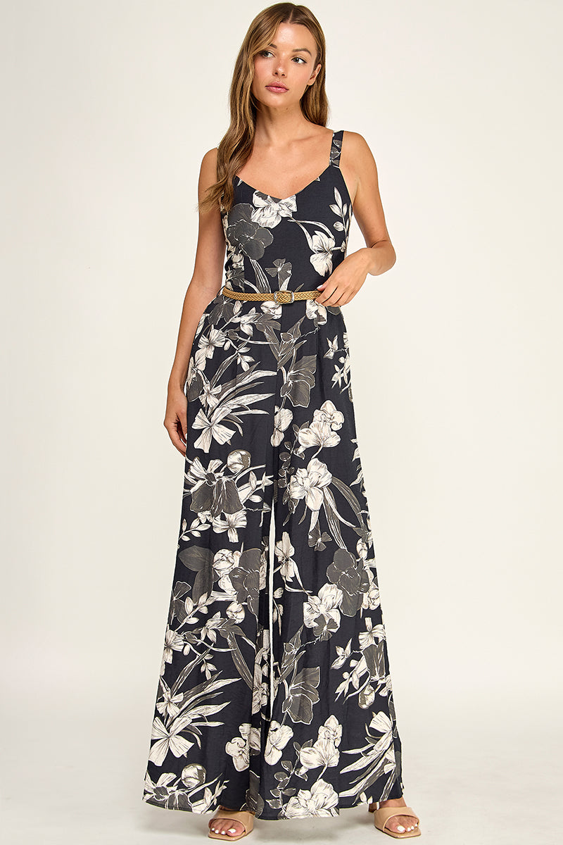 J5765-1 Floral Sleeveless V-Neck Belted Maxi Dress