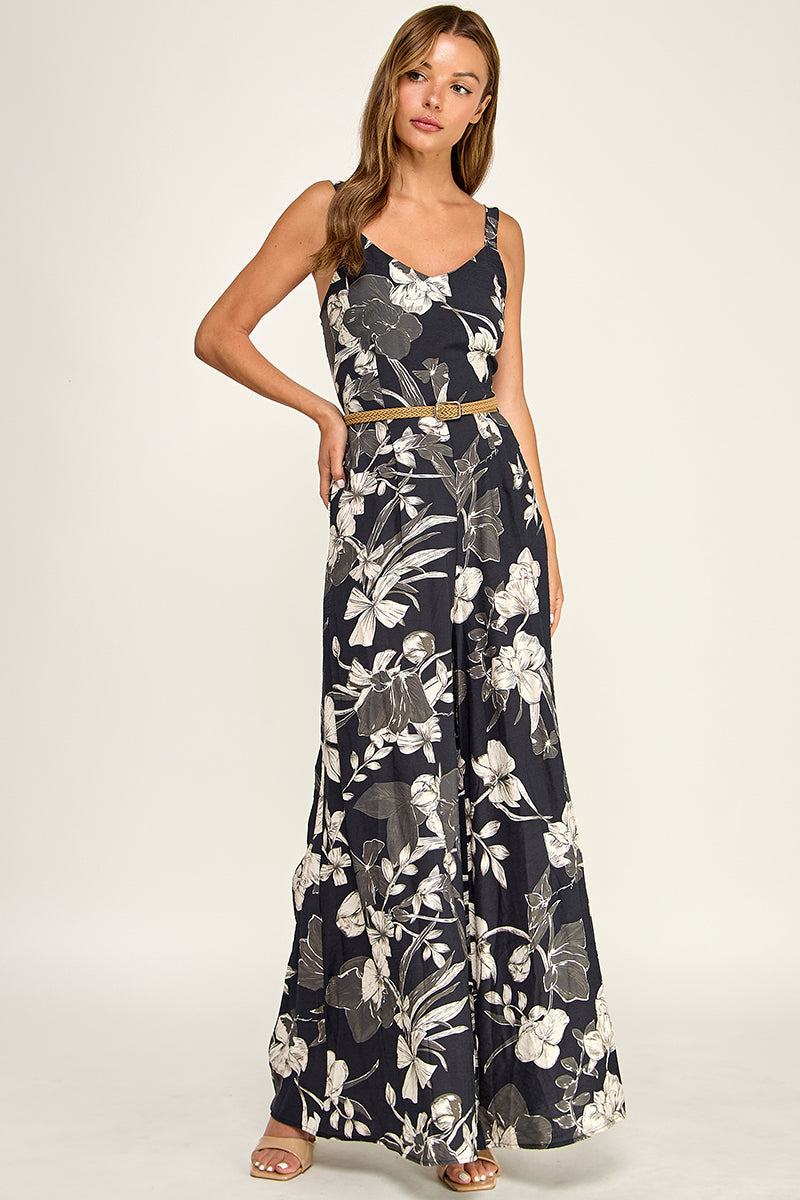 J5765-1 Floral Sleeveless V-Neck Belted Maxi Dress