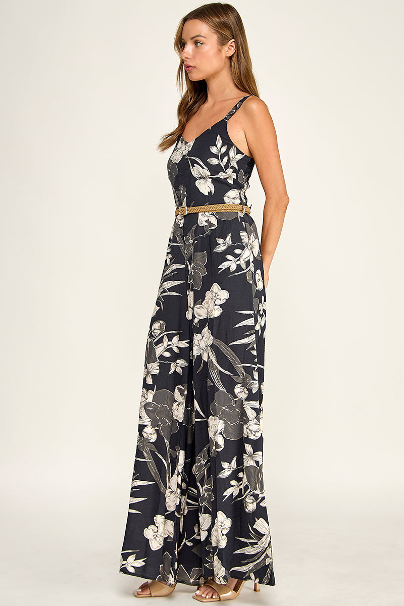 J5765-1 Floral Sleeveless V-Neck Belted Maxi Dress