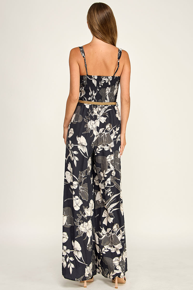 J5765-1 Floral Sleeveless V-Neck Belted Maxi Dress